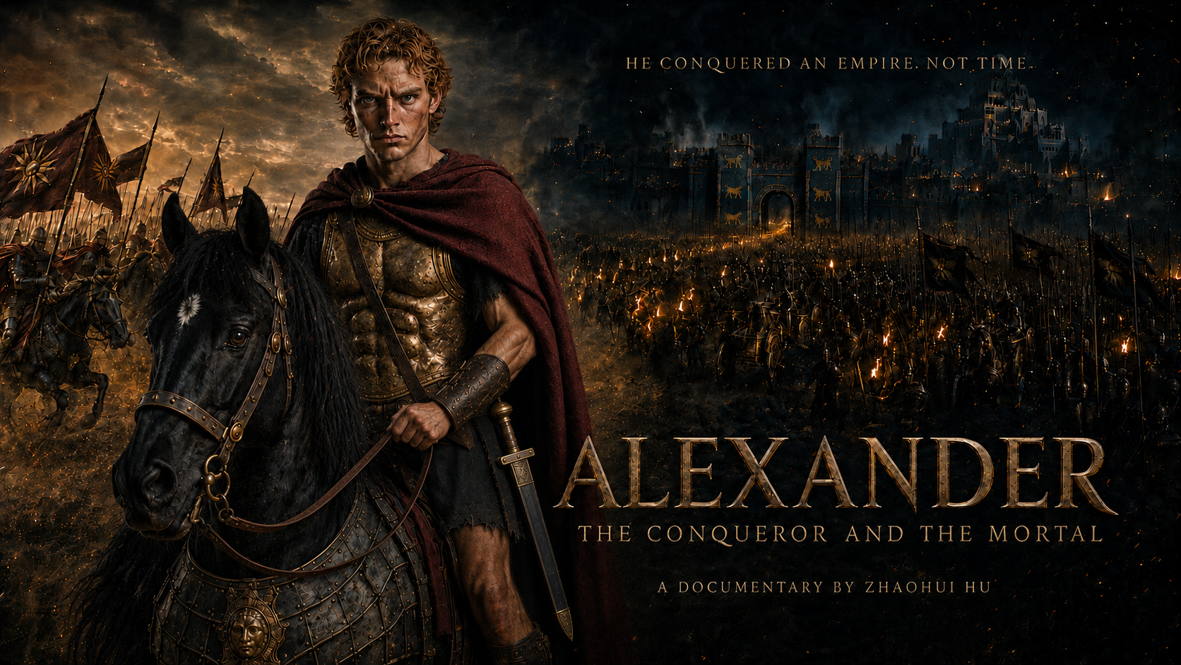ALEXANDER: THE CONQUEROR AND THE MORTAL poster showing Alexander on horseback before an epic battlefield