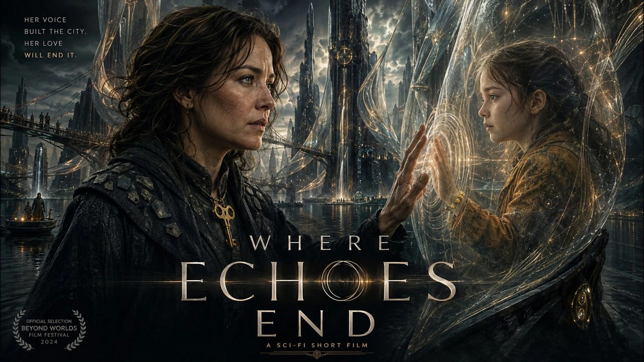 WHERE ECHOES END key art showing a woman reaching toward a child within a futuristic glass structure