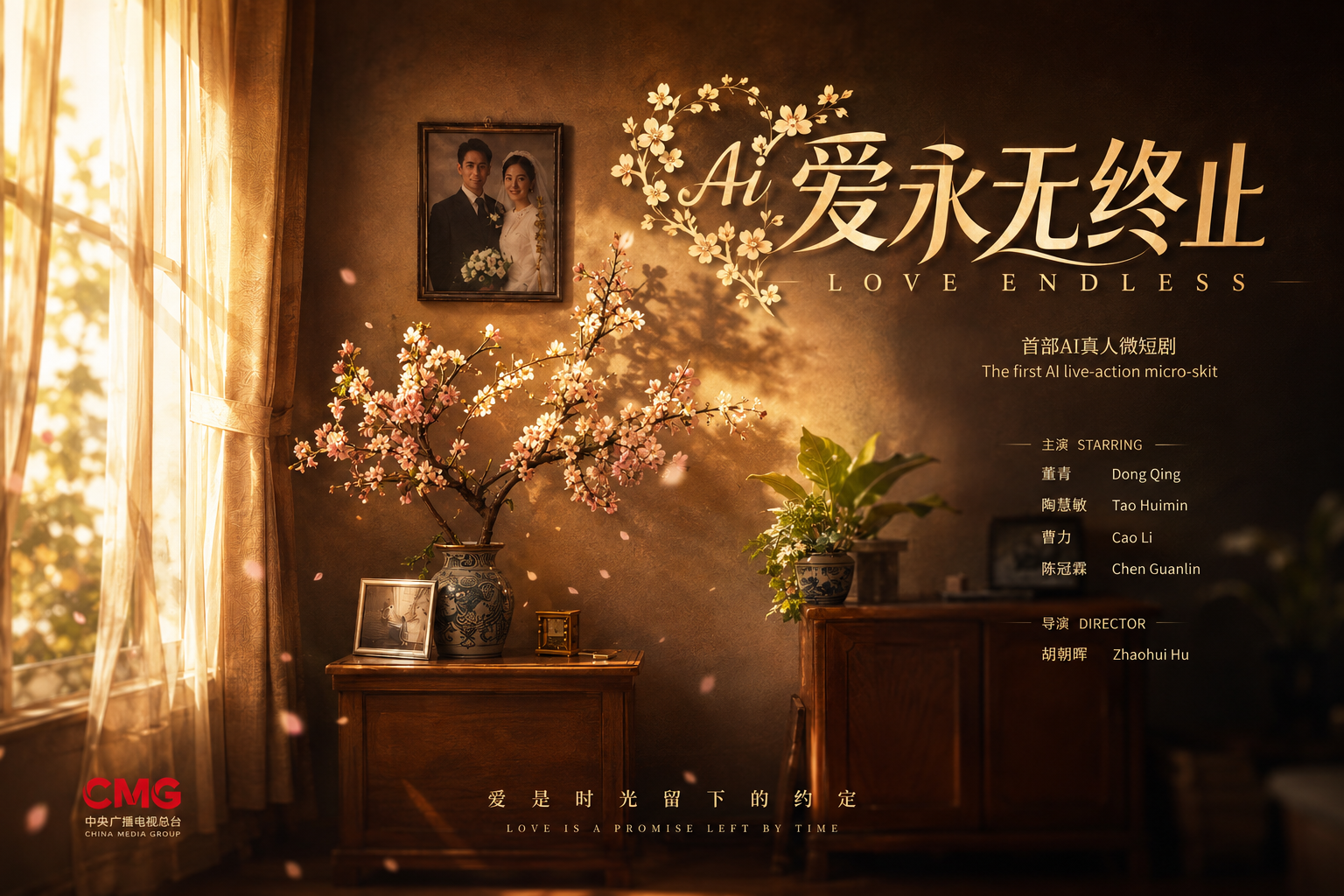Love Never Ends international poster with CMG mark, cast, and director credits